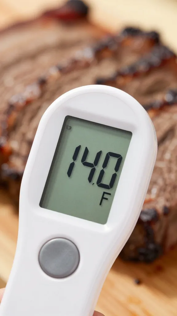 closeup of digital food thermometer reading 140°F on brisket