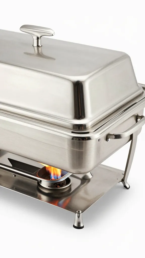 stainless chafing dish with sterno flame underneath