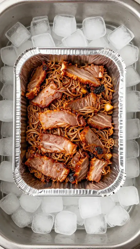 single foil pan of pulled pork on ice bath