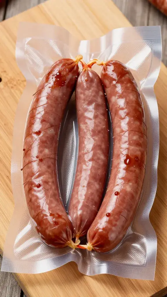 sealed vacuum-packed smoked sausages on cutting board