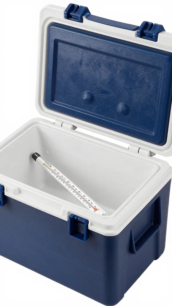 commercial cooler lid open showing probe thermometer