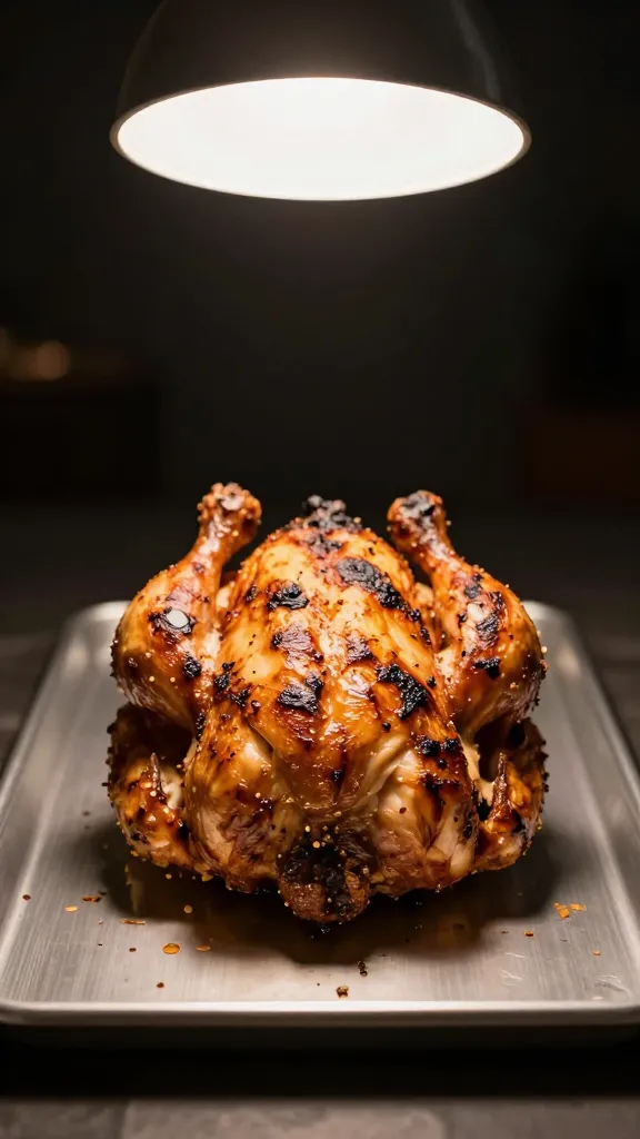 single tray of grilled chicken kept under heat lamp