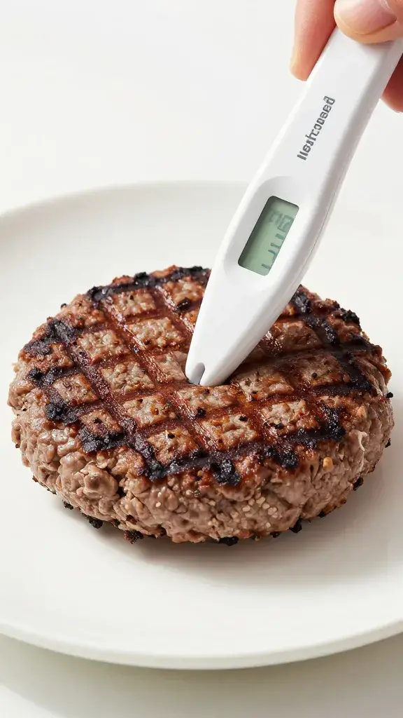 instant-read thermometer inserted into grilled burger patty
