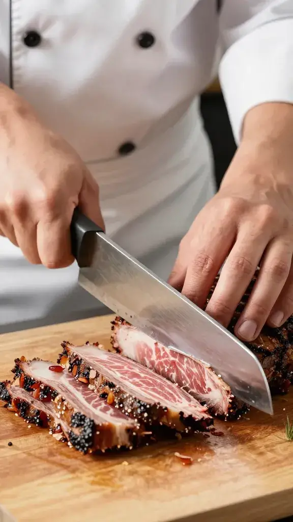 chef’s slicing knife cutting brisket against the grain