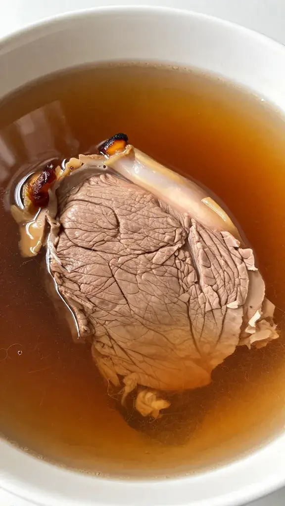 single brisket slice dipped in warm beef broth