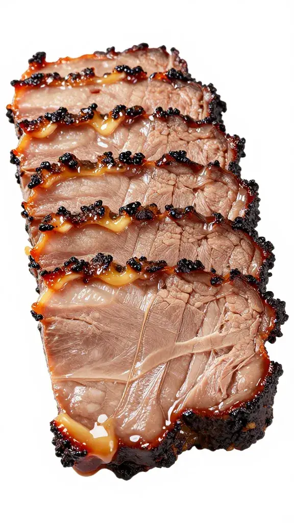 closeup of brushed-on tallow glaze on brisket slice