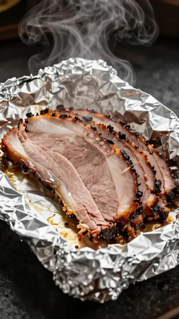steam rising from reheated brisket slice in foil