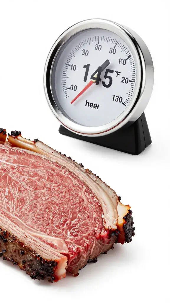 meat thermometer reading 145°F beside brisket slice