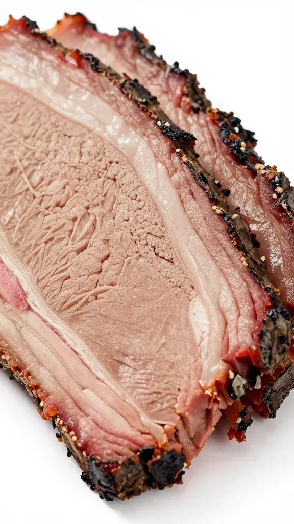 Closeup trimmed brisket slice showing removed bark edge