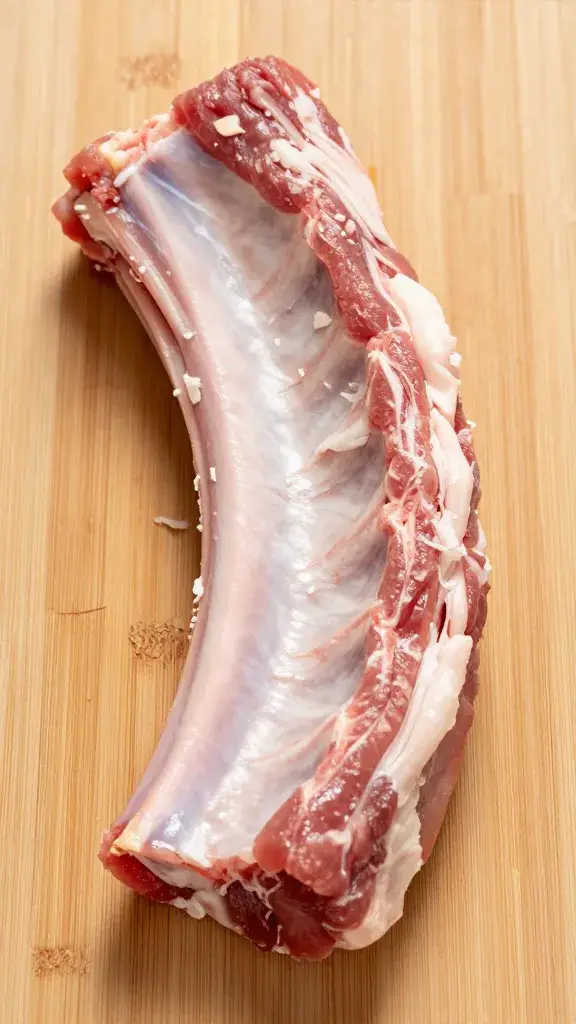 Single pork rib with bark shaved, on cutting board