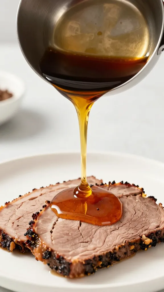 Ladle pouring bright vinegar sauce onto brisket slice