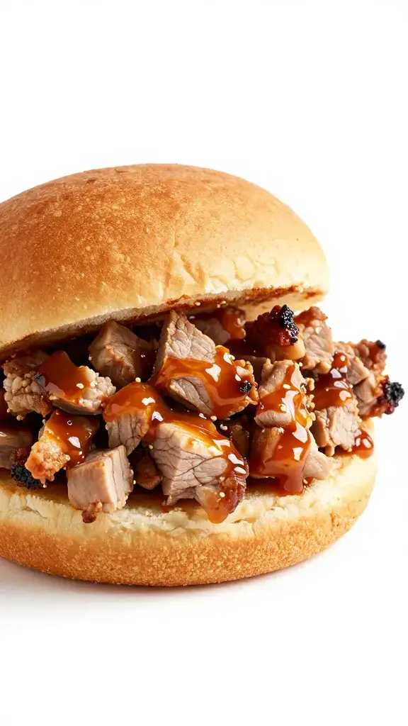 Single brioche bun loaded with chopped sauced pork