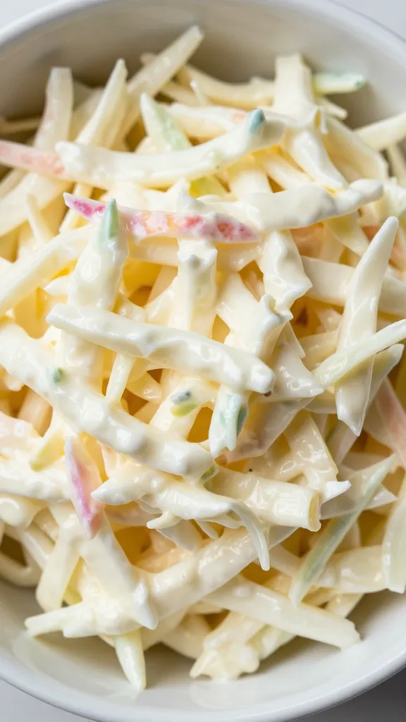 Bowl of creamy coleslaw, tight overhead closeup