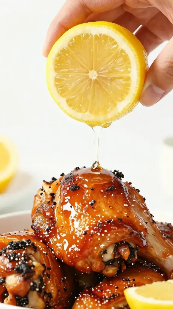 Single lemon half being squeezed over dark chicken thigh