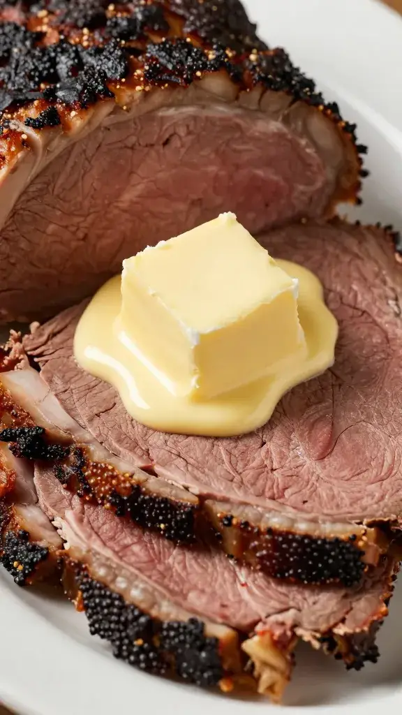 Pat of butter melting on sliced smoked beef