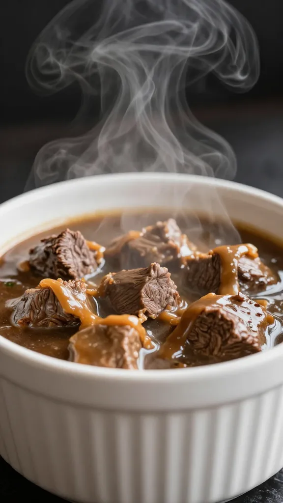 Steam rising from warm beef au jus in ramekin