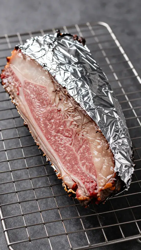 Single foil-wrapped brisket slice resting on wire rack
