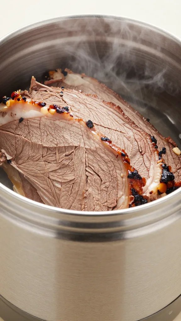 closeup insulated cambro holding steaming brisket pan