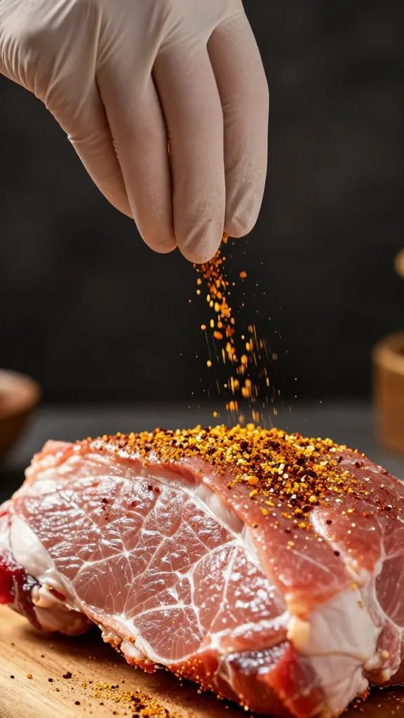 gloved hand sprinkling spice rub on pork shoulder