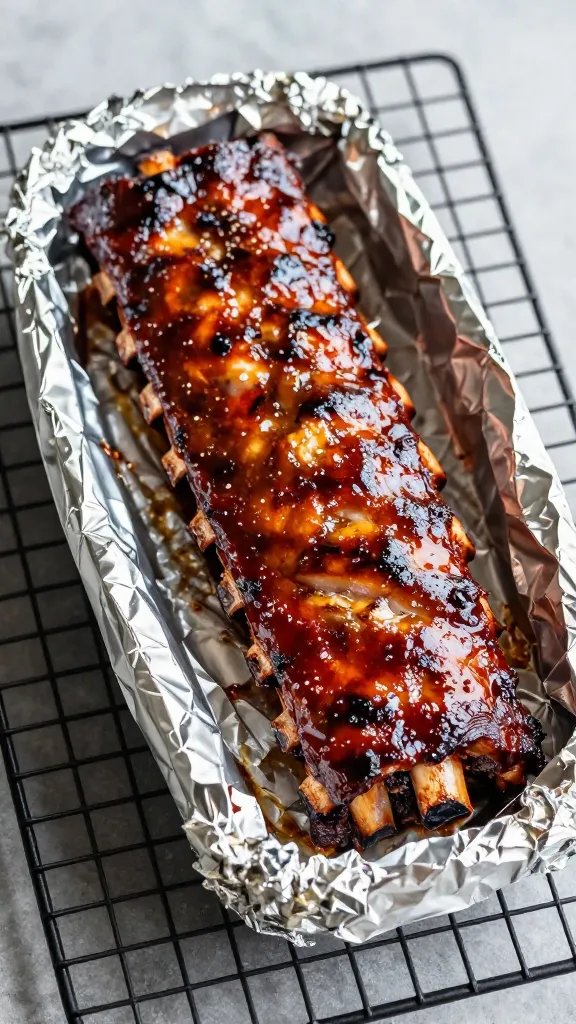 par-cooked ribs wrapped in foil on cooling rack