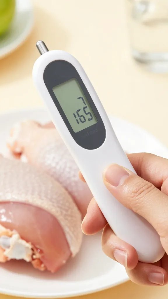 instant-read thermometer probing chicken thigh at 165°F