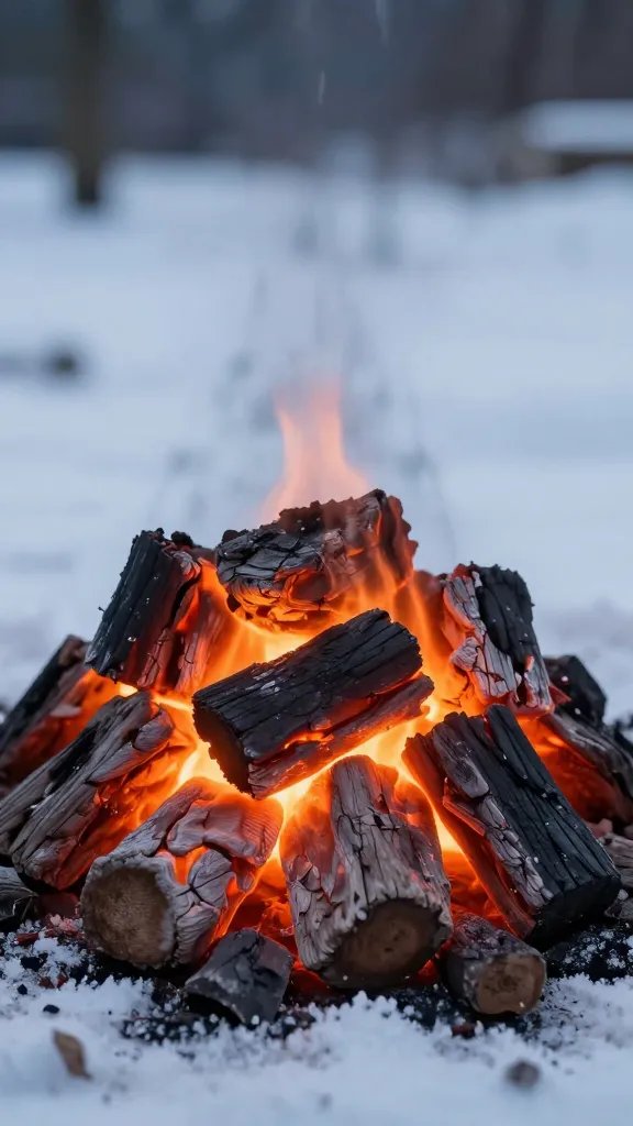 chimney starter full of glowing coals in snow