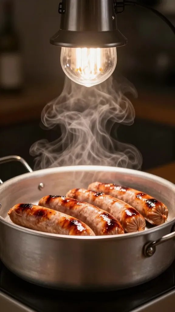 aluminum steam pan of smoked sausages under heat lamp