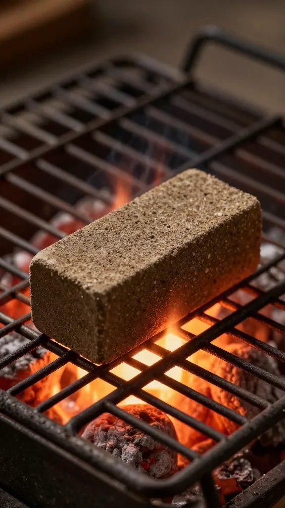 single briquette with starter cube igniting on grate