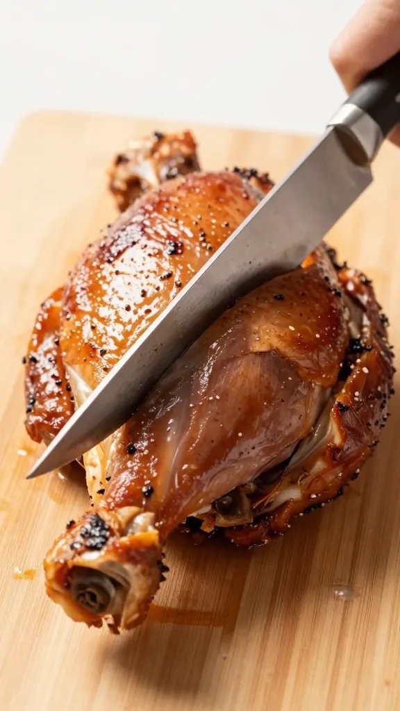 carving knife slicing smoked turkey thigh on board