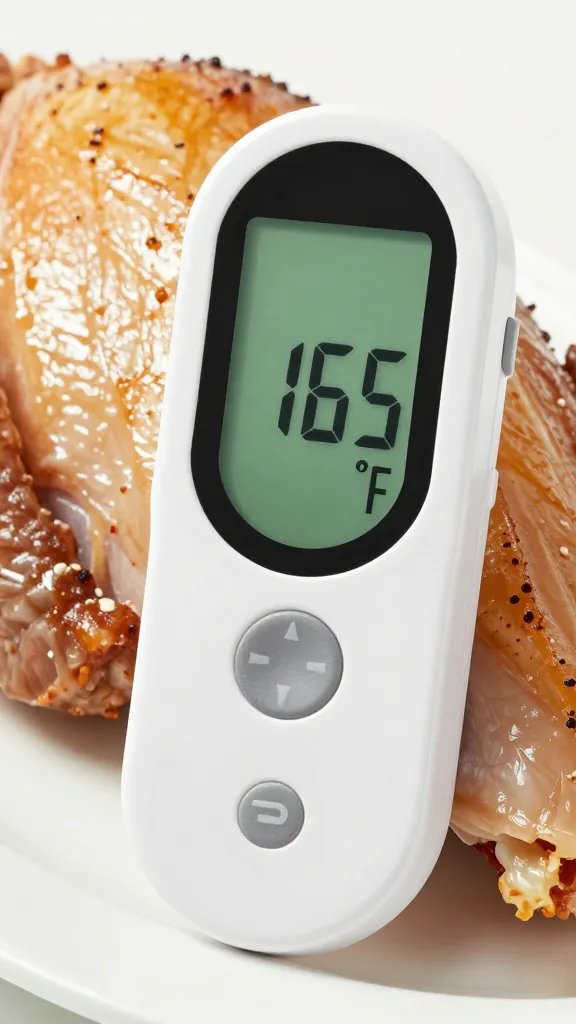 digital meat thermometer reading 165°F in turkey breast