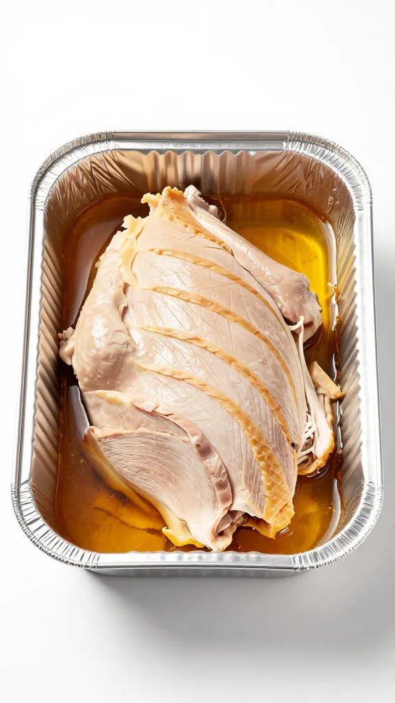 single aluminum pan of carved turkey slices with stock