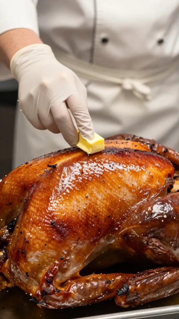 chef gloved hand brushing butter on smoked turkey skin