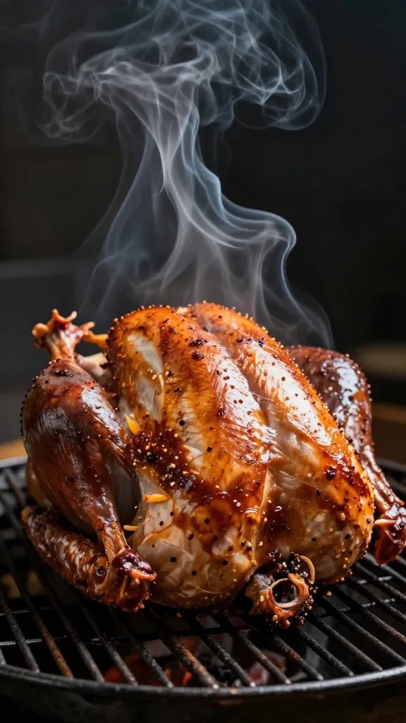 smoker grate with one whole turkey centered, close frame