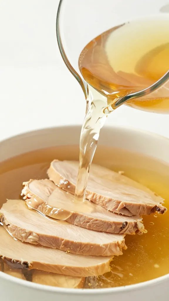 measuring cup of hot turkey stock pouring over slices