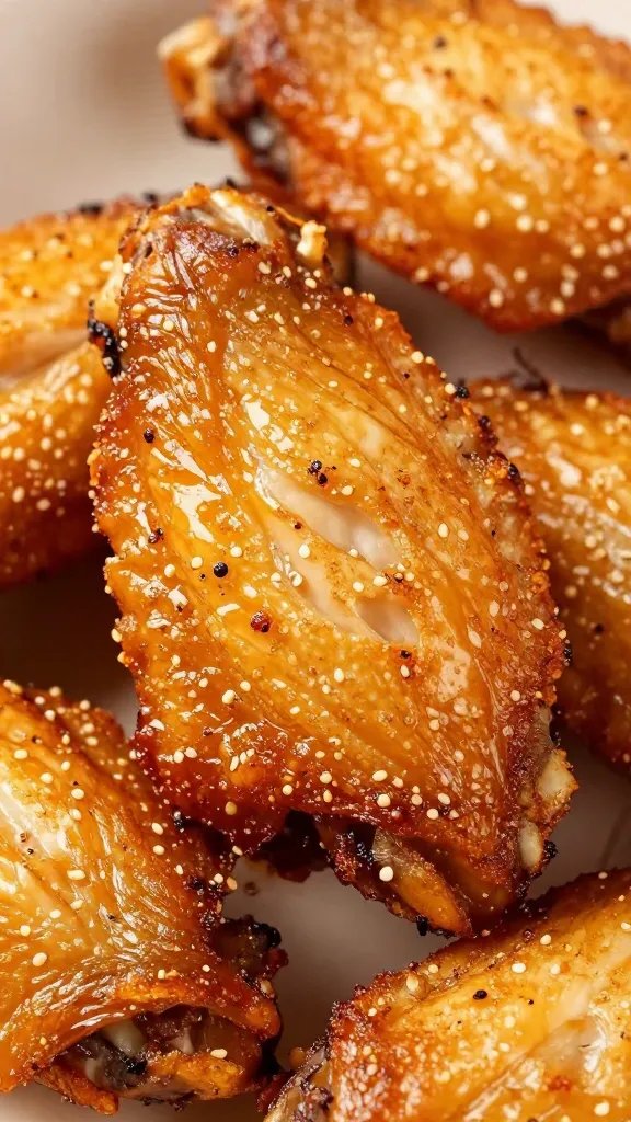 Closeup of dry-brined chicken wing with crispy skin