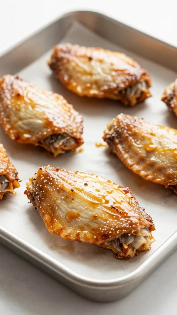 Sheet pan of par-baked wings, one in focus