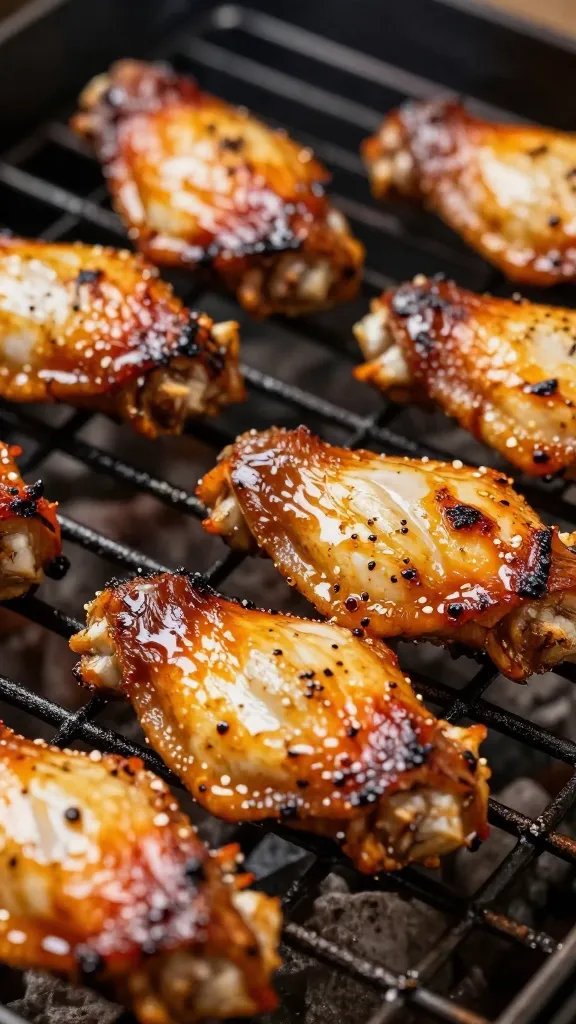 Brushed barbecue wing on grill grate, tight shot