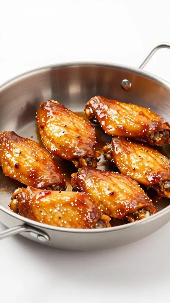 Stainless hotel pan holding sauced wings, one forefront
