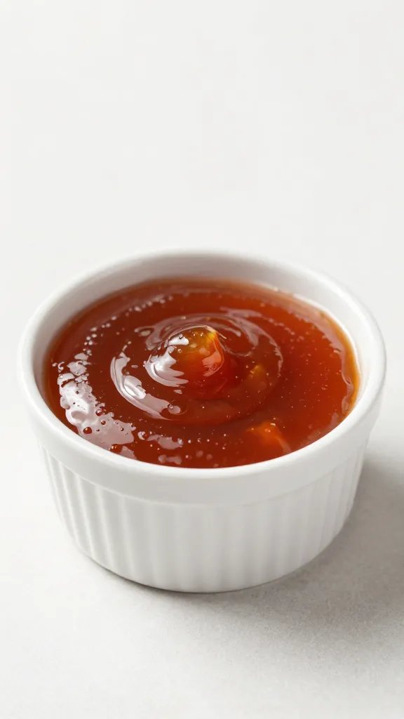 Small ramekin of house wing sauce, glossy surface