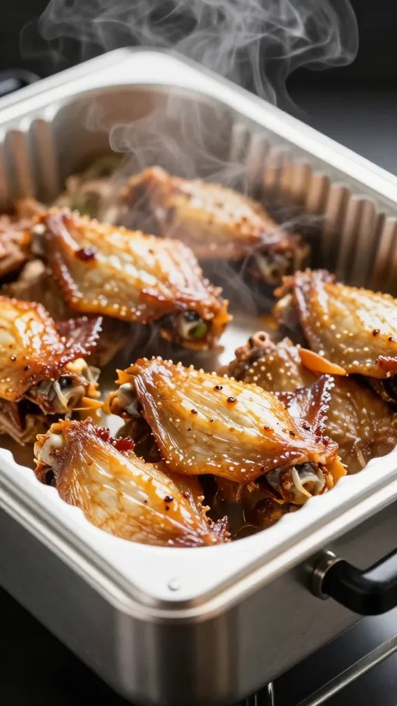 Disposable chafing pan with steaming wings, close detail