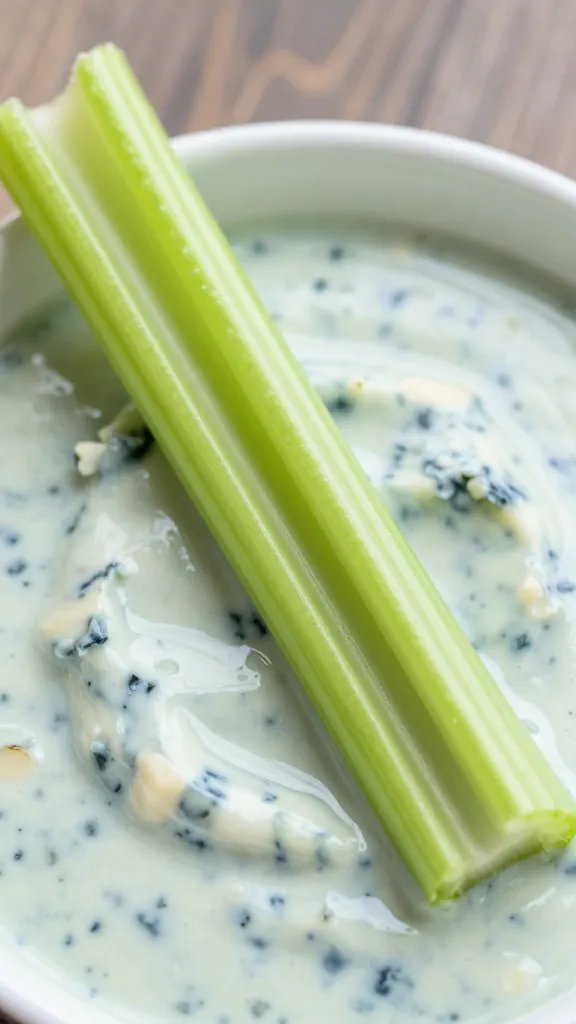 Single celery stick beside blue cheese dip, macro shot