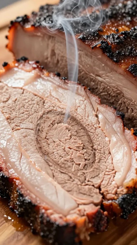 Closeup of smoked brisket slice with visible smoke ring