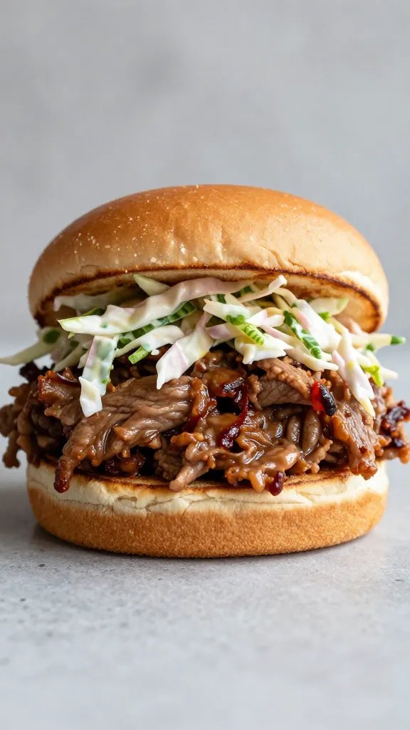 Single pulled pork sandwich on brioche with slaw topping