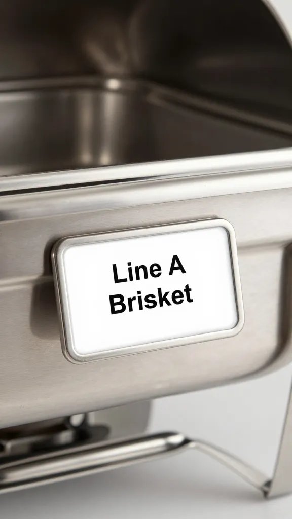 Stainless chafing dish label reading “Line A Brisket”
