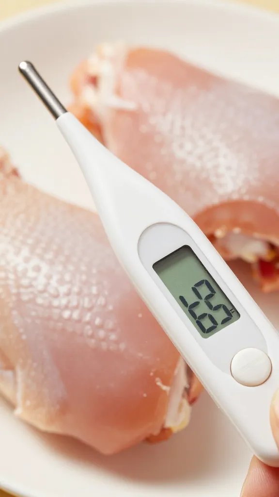Digital probe thermometer reading 165°F in chicken thigh