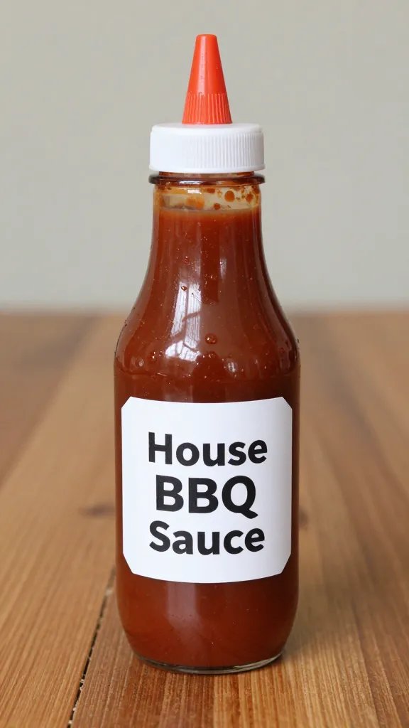 Squeeze bottle labeled “House BBQ Sauce” on wood table