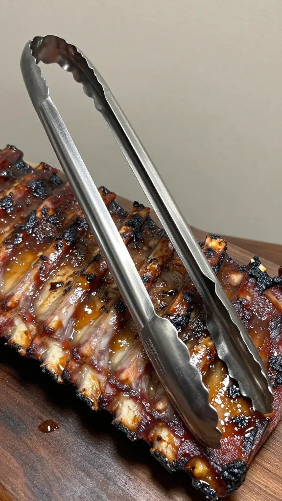 Metal serving tongs resting on rib rack corner