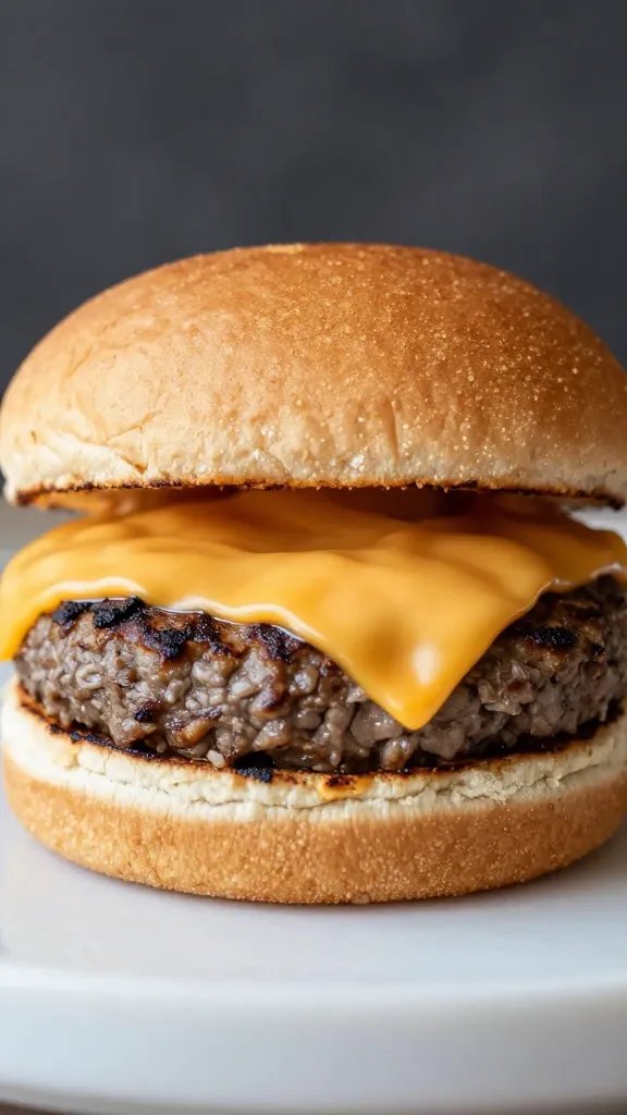 single grilled burger patty with melted cheddar on brioche bun