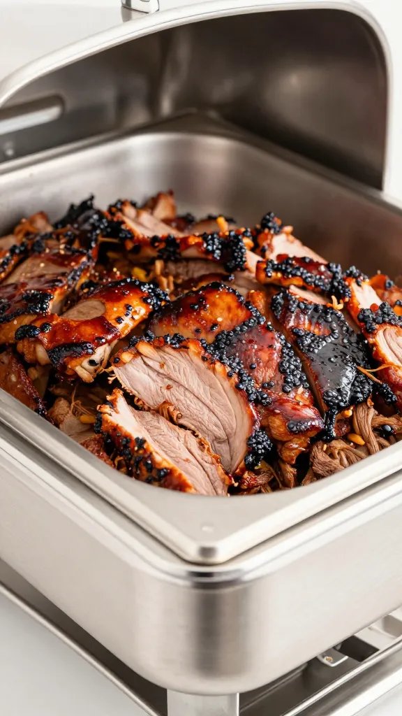 stainless chafing dish with smoked pulled pork, closeup