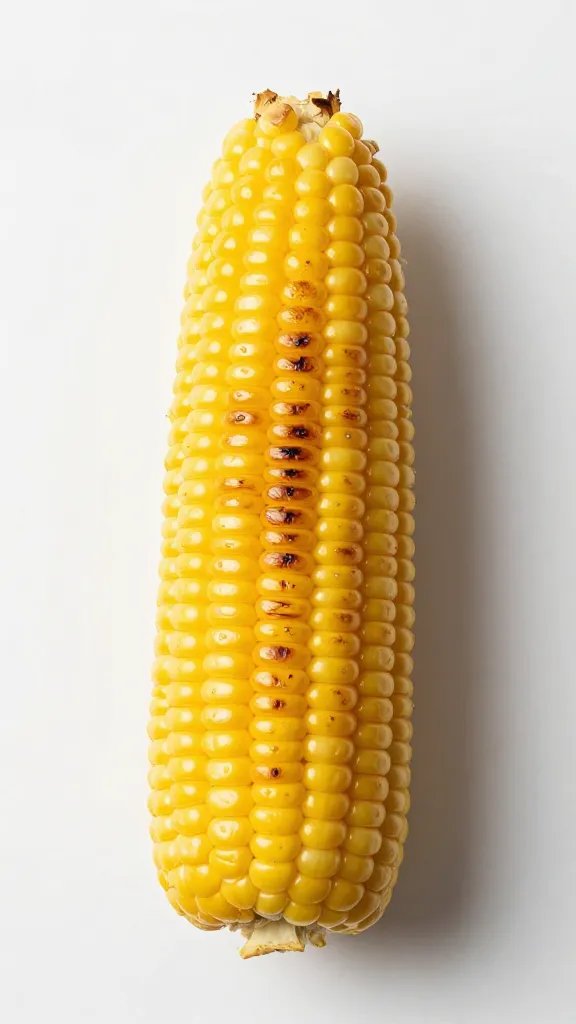 single ear of buttered grilled corn with char marks